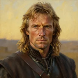 Clint Eastwood as Aragorn by Alan Lee, medium shot, very detailed eyes, golden hour, concept art, detailed clothing, art station, oil painting