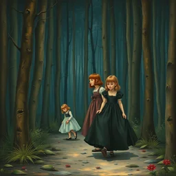various little russian girls in dress walking in forest at night, very detailed oil painting by studios ghibli, leonardo da vinci, takato yamamoto and makoto shinkai, inspired by balthus and made in abyss, anatomically correct, soft color pallet, sharp focus, extremely coherent, fantasy, realistic, smooth, suspenseful mood