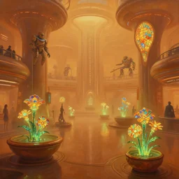 a minimalist bioluminescent oil painting by donato giancola, warm coloured, cinematic scifi luxurious futuristic foggy steam filled spaceport shopping mall with microscopy stained glass flowers growing out of pretty bulbous ceramic fountains, gigantic pillars and flowers, maschinen krieger, beeple, star trek, star wars, ilm, star citizen, mass effect, artstation, atmospheric perspective