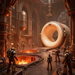 a cathedral interior of the matrix nebuchadnezzar biomechanical gieger, 3d rendered steampunk, iron smelting pits, high tech industrial and maschinen krieger, warm saturated colours, mri machine millennium falcon space-station with massive piping inspired by a nuclear reactor submarine, ilm, beeple, star citizen halo, mass effect, starship troopers, elysium