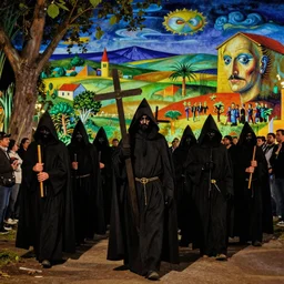 A Holy Week procession of grim reapers in a lush Spanish landscape at night. A hooded figure at the front holds a cross. Technicolor. Colourful. Vibrant colors. El Greco, Remedios Varo, Salvador Dalí, Zdzisław Beksiński,Carl Gustav Carus, Edward Hopper.