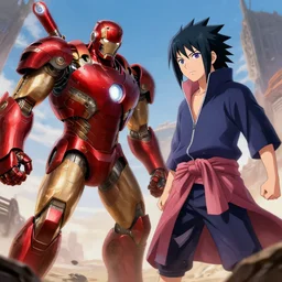 epic battle between the iron giant and sasuke, digital art, fine details, trending on artstation