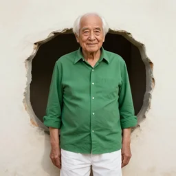 mid white hair old man with green shirt and white short, behind a hole in the wall and balding like kevin o'leary