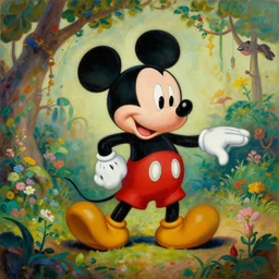 mickey mouse entering the garden of eden, oil painting by salvador dali, masterpiece