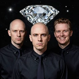 diamond formation of three bald centered british heads and a fourth british head with hair smiling at the camera all wearing dark buttonups with dark ties with a black galaxy backdrop, kubrick stare, album art, photograph