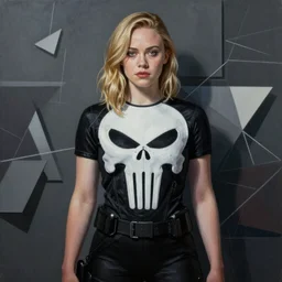 Elle Fanning as The Punisher picture by Sachin Teng, asymmetrical, dark vibes, Realistic Painting , Organic painting, Matte Painting, geometric shapes, hard edges, graffiti, street art:2 by Sachin Teng:4