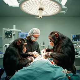 Film still of chimpanzees in the operating room performing surgery, long shot, wide-angle lens
