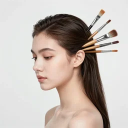 beautiful portrait of a woman with artistic brushes in her hair.