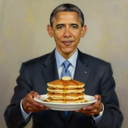 oil painting of Barack Obama holding a bowl of pancakes,
