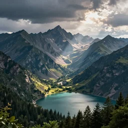 mountains, trees, and lake, in the style of adventure time