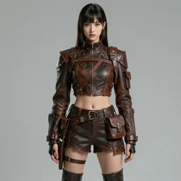 character concept art front view of a young woman wearing a leather outfit with straps and padding and satchels and bags and holsters and decorations, haute couture, elaborate, intricate, artstation