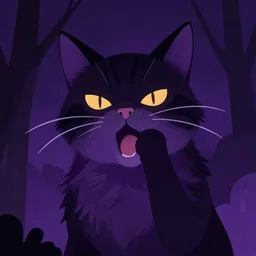 ominous cat purring in the night, in the style of night vale, digital illustration, procreate, dark colors, purple, very stylized