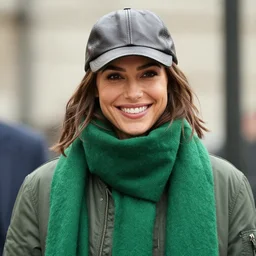 headshot of a smiling, gal gadot, she is wearing a leather bomber cap on her head, she is also wearing an a 2 flight jacket, a long green wool scarf is wrapped around her neck