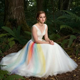 photo of emma watson wearing a rainbow wedding gown sitting in a forest