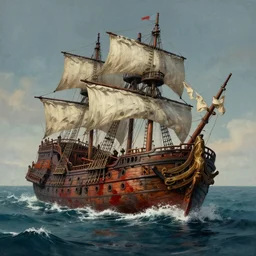detailed matte painting of a pirate ship wreck piercing the sea, holocaust on the water, blood in the sea, detailed pirate ship, by marc simonetti