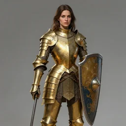 full body portrait of a female italian warrior medium length brown hair and a very highly detailed face wearing elegant golden plate mail armor with green and white accents, holding a rectangular tower shield, very highly detailed, artstation, cgsociety, realistic character concept art, sharp focus, by michael komarck, greg rutkowski, artgerm, and alphonse mucha