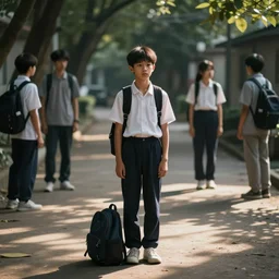 a sad teenager at his first day of high school, he’s lonely and everyone is avoiding him