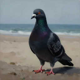 pigeon, beach, serene, happy, black, artwork, acrylic paint, tonal colors, dark, volumetric lighting, post processing