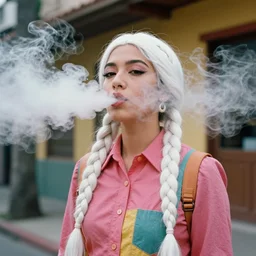 Colorful photo of a Mexican-Korean woman with long white braids exhaling thick vape clouds in the 1970's, 8k, HD, 4k, Fuji Film Professional Camera