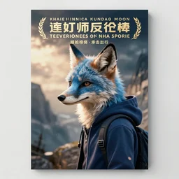 modern action adventure movie poster, featuring in anthropomorphic blue fox in a hoodie, promotional movie poster print