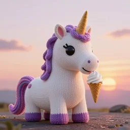 large knitted unicorn eating ice cream cone at sunset Trending on artstation, featured on Behance, well-rendered, Unreal Engine, 4K HD