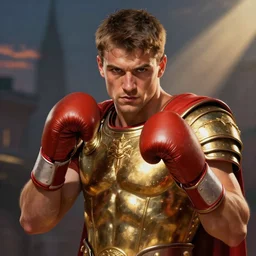 Gigachad Sam Hyde, boxing stance, wearing a luxurious roman warrior armor with gold and red chic plating, sigma male, accurately portrayed, portrait art by alphonse mucha and greg rutkowski, highly detailed, digital painting, concept art, illustration, dim lighting with twilight rays of sunlight, trending on artstation, very detailed, smooth, sharp focus, octane render, close up