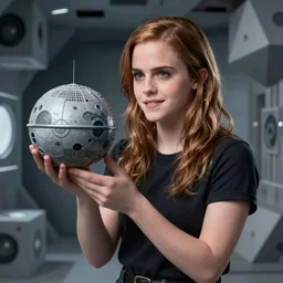 emma watson holding up a small model of the death star, a surrealist sculpture by matthew smith, trending on tumblr, context art, high definition, tesseract, photo