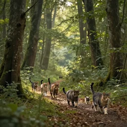 a forest with a group of cats travelling, trending on artstation, by wayne mcloughlin, backlighting