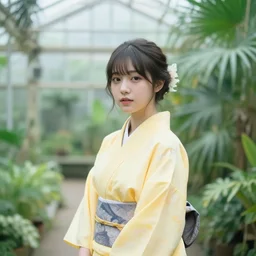 a young beautiful woman wearing a yellow kimono, in tropical greenhouse, photography, photo, 3 5 mm lens, bokeh, volumetric hazy lighting, 8 k