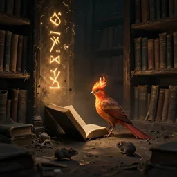 In a dark and dusty library, a small bird sits next to a book and reads. Glowing runes are embedded into the walls. The bird is a phoenix, its flames softly illuminating the darkness. Small rats scurry past, trying to avoid attention. The books are old, and the library shelves are falling apart. Darkness and worry infuse the air