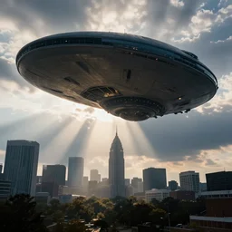 stunning titlshift photography of enormous alien spacecraft casting shadow over atlanta, god rays