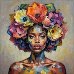 beautiful symmetrical portrait of a crazy flower head black woman, her skin made with colorful mixed media collage patterns, abstract, by picasso and greg rutkowski, hyper detailed painting, distance, surreal, 8 k,