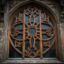 front view of a celtic window made in wood, art by James Jean and Wayne Barlowe, high detail, cinematic, cgsociety 8k