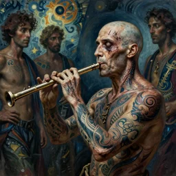 necromancer blowing down a flute, scars and veins and intricate tattoos , by Emil Melmoth, Mikhail Vrubel, Sebastian Pether, Abbondio Stazio, Luis Ricardo Falero , high detail, cinematic