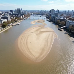 drone photography over London showing the river Thames dried up, it's very hot, sandy