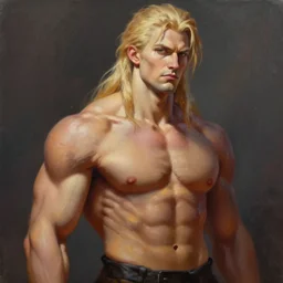 cosmic muscle god, blonde hair, strong jawline, 8 k, detailed oil painting, matte painting, trending on artstation, medium shot,