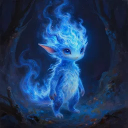 whimsical blue fiery little elven creature, surreal dark uncanny painting by ronny khalil