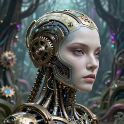 35mm portrait of a sophisticated intricate terminator woman's head on the background of a weird magical mechanical forest. Round gears visible inside her hear. Very detailed 8k. Fantasy cyberpunk horror. Sharp. Cinematic post-processing