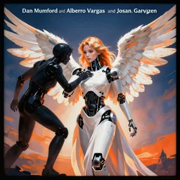 A beautiful robotic angel terrified by an unseen assailant by Dan Mumford and Alberto Vargas and Josan Gonzalez and Gil Elvgren, black border, vibrant, white, orange, blue