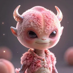 an alien with a face that looks like a fuzzy peach the peach is fuzzy pink warm and ripe the alien has horns and a mean smile, 4k, highly detailed, high quality, amazing, high particle effects, glowing, majestic