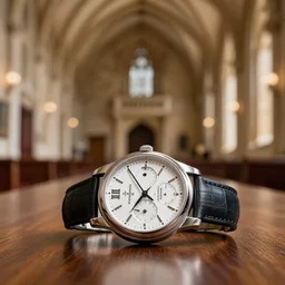 macro shot of a wristwatch sitting on a table in the hall of a great castle