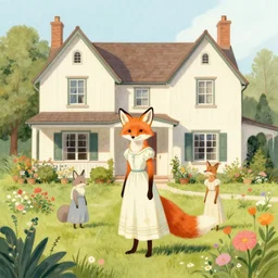 an anthropomorphic fox stands outside her beautiful country home wearing a flowing dress, surrounded by flowers and shrubs, illustration by Mary Jane Begin, Steven James Petruccio, Keren Katz, lois van baarle, rossdraws