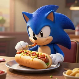 sonic the hedgehog eating his favourite meal the chilidog