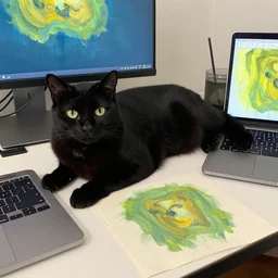 black cat laying on a work table with a monitor screen and a lap top next to him magrit oil