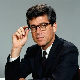A studio portrait of JFK wearing glasses as a librarian; f/1.4, 90mm, extraodinary masterpiece!!!!!!