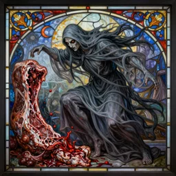 breathtaking detailed soft painting of grim reaper in gauze dress, with long hair and piercing eyes in bleeding meat and flesh, dynamic pose and movement, in an intricate art nouveau stained glass of meat, rembrandt style, elegant, highly detailed, artstation, concept art, matte, sharp focus, art by tom bagshaw, luis royo and greg rutkowski