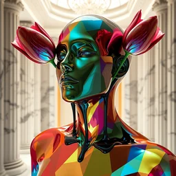 a beautiful mannequin covered in multicolored 3 d geometrical print, by james jean, a portal to a new world + tulips made of chrome dripping iridescent black liquid!!!!!!!!!!!, photorealistic portrait, crisp quality and light reflections, inside a room with marble columns, transcendent, vibrant color, clean linework, finely detailed, tarot card with ornate border frame, 4 k, trending on artstation, volumetric lighting, octane render