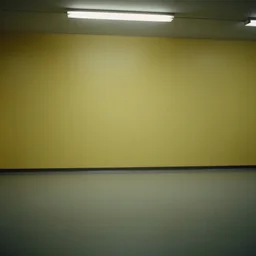 a vhs captured photo of a bleak office space with yellow walls, faintly fluorescent lights and no one around. the entire scene is unsettling