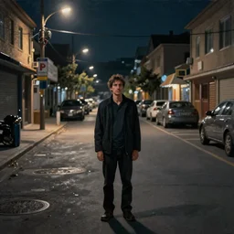 a man standing in the middle of a street at night, a photorealistic painting by Gregory Crewdson, cgsociety, american scene painting, playstation 5 screenshot, matte painting, cryengine
