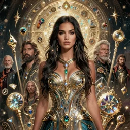 beautiful gemini fantasy character portrait, megan fox, ultra realistic, wide angle, intricate details, the fifth element artifacts, highly detailed by peter mohrbacher, hajime sorayama, wayne barlowe, boris vallejo, aaron horkey, gaston bussiere, craig mullins